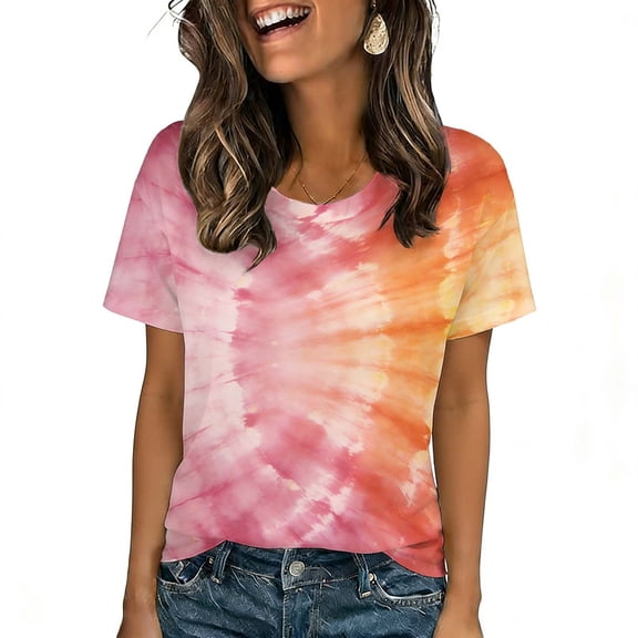 JSKUMAR Women's Tie Dye Shirt Hippies Rainbow Tees Casual Short Sleeve Crew Neck Pullover Tops Gradient Outfit (Orange,XL)