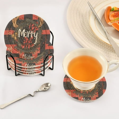 

BZSMCE 6Pcs Drink Coasters With Holder 3.94Inch Christmas Painting Of Design Elegant Plaid Print Creative Coil Coaster Coasters Colors Absorbent Coasters for Drinks Coasters Set Thicken Heat for Home