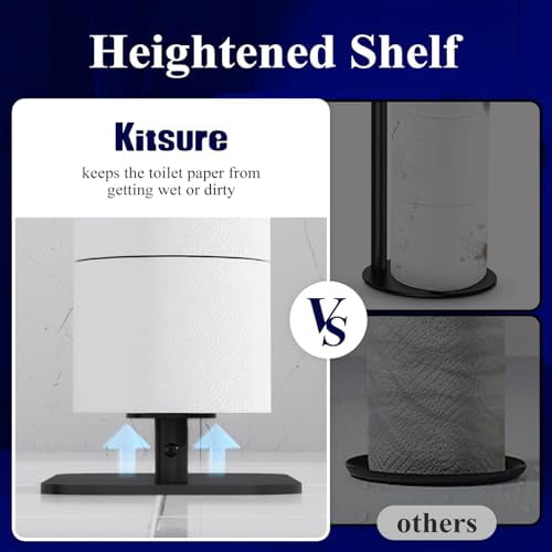 Freestanding Toilet Paper Holder for 4 Rolls with Anti-Slip Base and Storage Shelf, Rustproof Metal Bathroom Organizer for Phone & Essentials, Medium Black