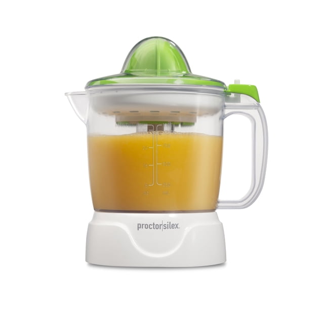 Proctor Silex Electric Citrus Juicer Machine, Large 34 oz. Pitcher, Pressure Activated, 2 Reamers for Big and Small Fruit, Pulp Control, for Orange,