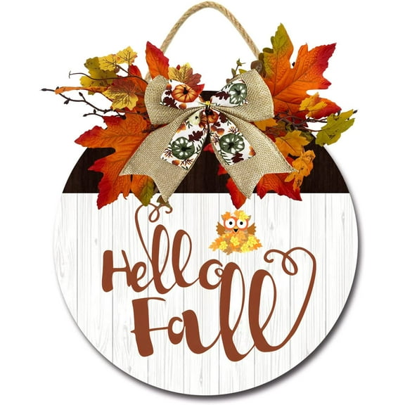 Eveokoki 12" Hello Fall Cute Owl Funny Signs for Front Door Farmhouse Porch Rustic Round Wooden Hanging Wreaths for Housewarming Gift ,Festival Maple Leaves Decoration Outdoor Indoor Wall Decor