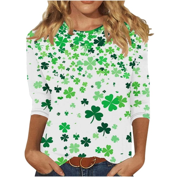 WRFWUL St Patty's Day Shirt Women 2025 Casual Plus Size 3/4 Sleeve Irish Clover Shirts Funny Saint Patrick's Tunic Tops