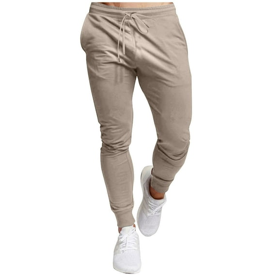 HOOMEUMY Men's Jogger Pants Slim Fit Sweatpants Elastic Waist Drawstring Sports Trousers for Running Workout Gym Training Beige S