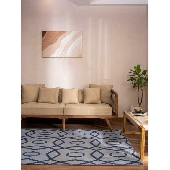 Hand Knotted Wool Geometric Modern Area Rugs - 8'X10', Rectangle Shape, Light Blue Blue Color, Classic Traditional Design, Low Pile Handmade Area Rugs For Living Room, Bed Room (N00533)