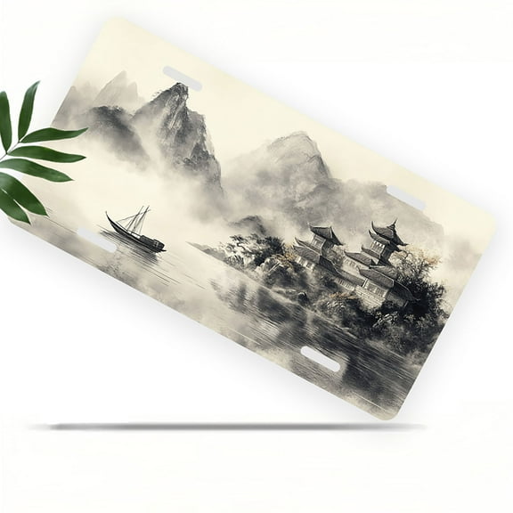 License Plate, Traditional Chinese Landscape Decorative Front,Personalized Stainless Steel License Plate Cover For Men Women,12.2" X 6.2"