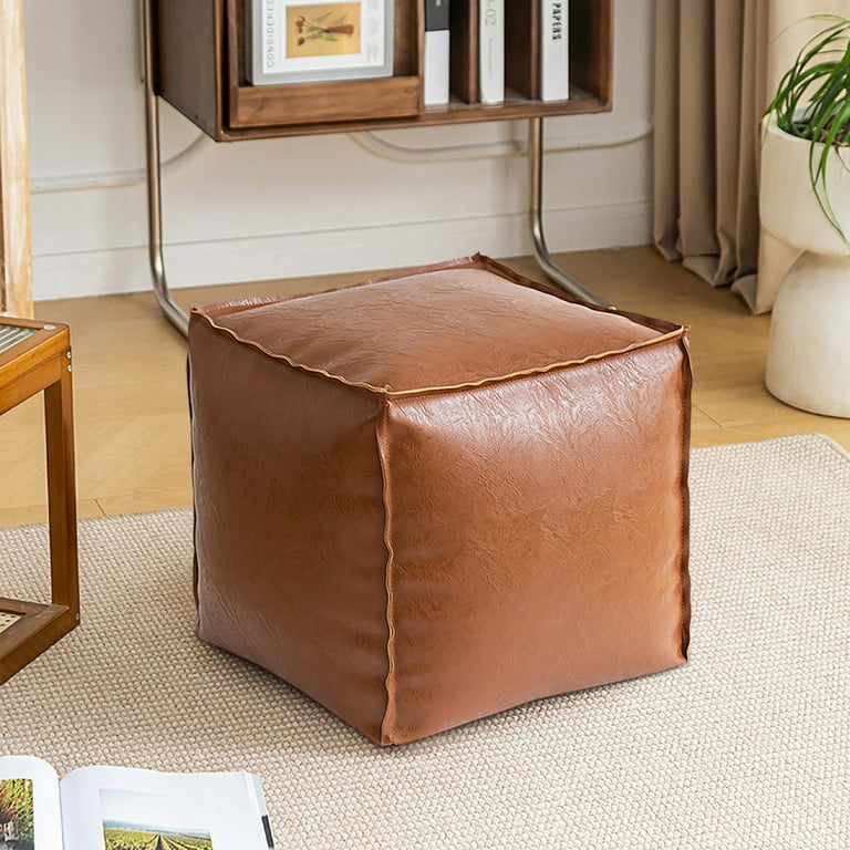 Foot Stool Ottoman With Cushion - Dark Brown Microfiber Leather, Solid Wood, Easy Assembly