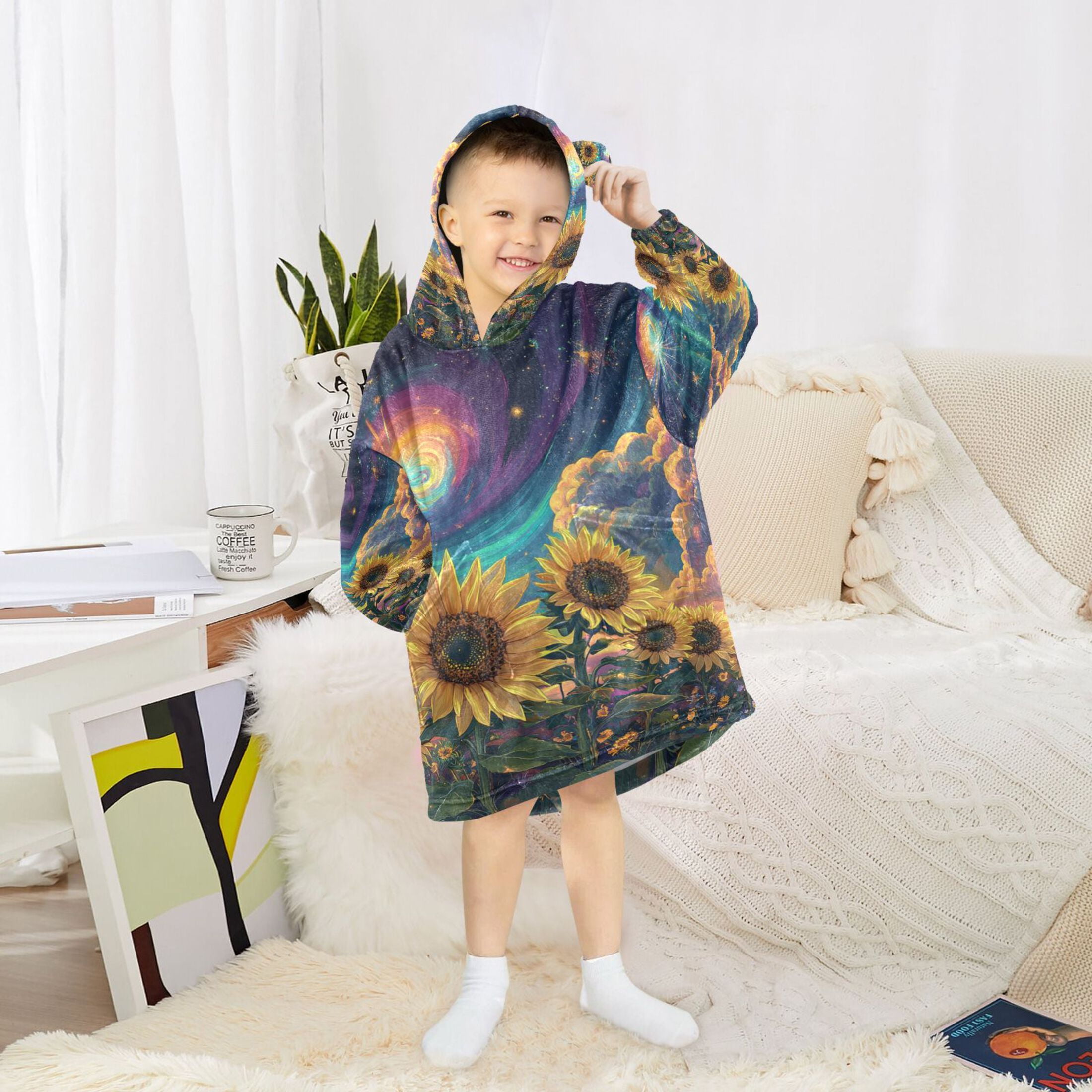 YAZAOO Kids Wearable Blanket Hoodie Warm and Cozy Galactic Sunflower Symphony Flannel Sweatshirt
