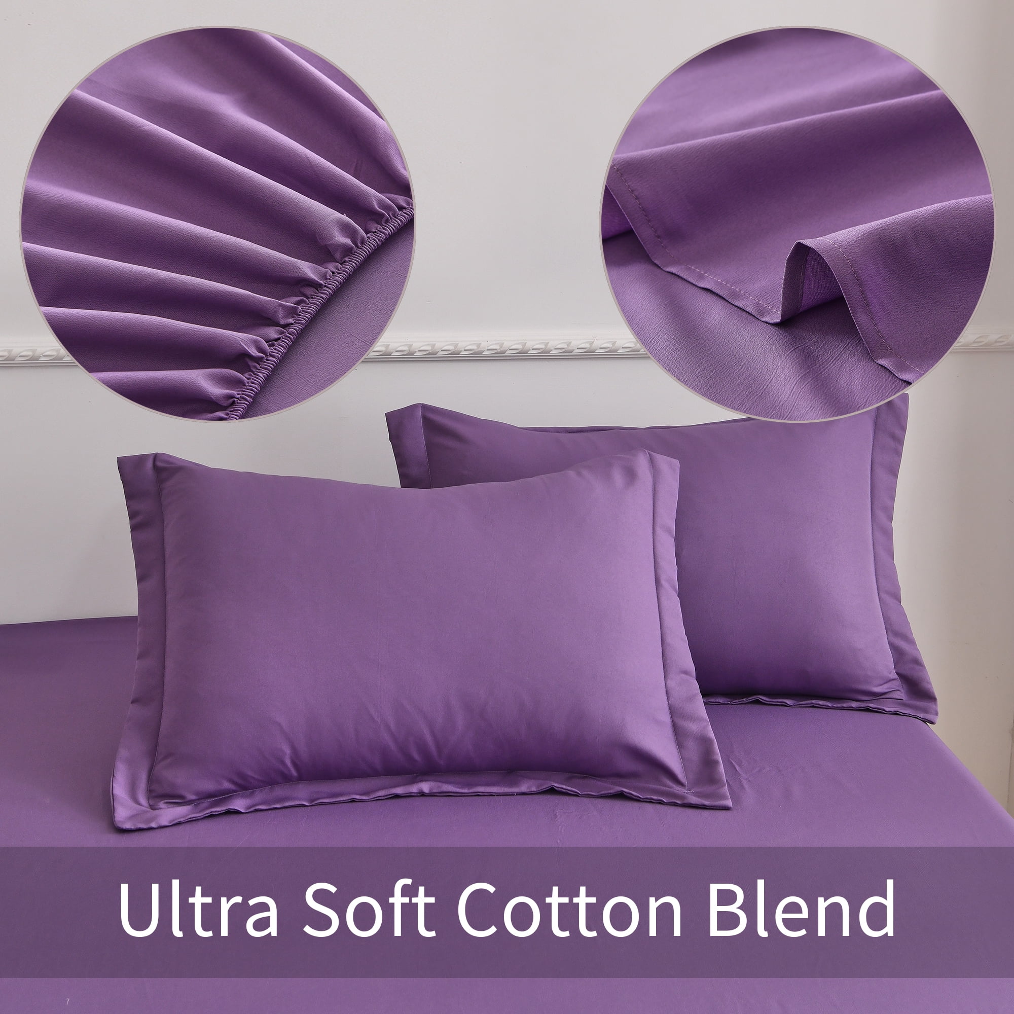 Jessy Home Bed Sheets Set 4 Piece Queen/Full Sheet Set Purple Cotton Blend Fitted Sheet, Flat Sheet & 2 Pillowcases Bedding Set