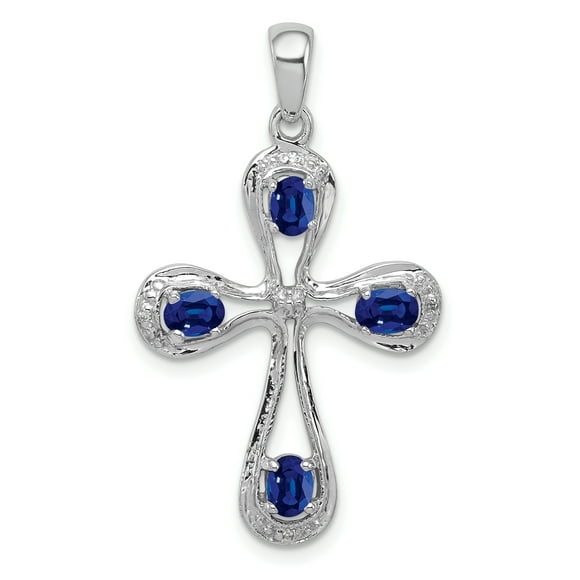 925 Sterling Silver Rhodium Dark Sapphire and Diamond Cross Shaped Pendant