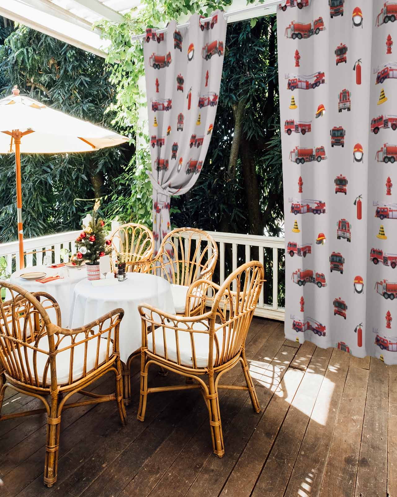 Cartoon Car Outdoor Curtains for Patio, Funny Red Black Fire Truck Print Vintage Privacy Drapes Grommet Waterproof Outside Curtains for Porch/Cabana/Balcony 54"x 108", 2 Panel
