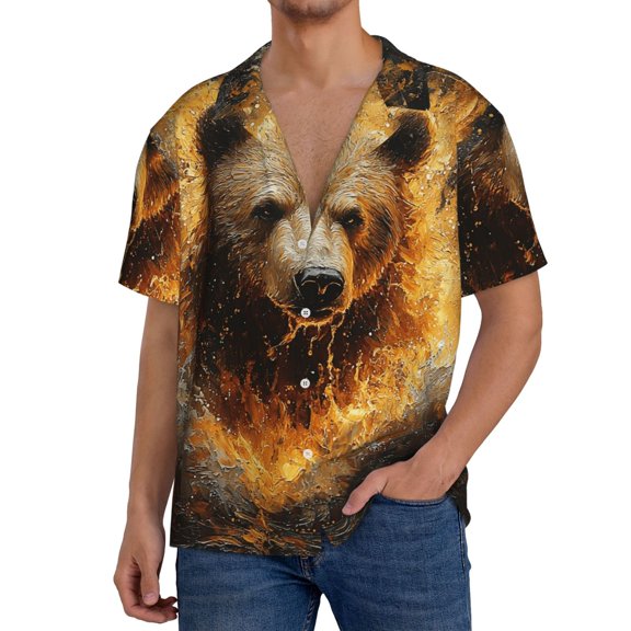 Mens Hawaiian Shirt Beach Tops Short Sleeve Vacation Clothes , Bear Fire Water