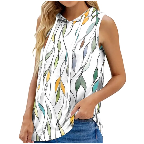 Tops de Ajuste Suelto para las Mujeres con Capucha Impresa Floral sin Mangas, Ligero Poliéster Casual Y Uso Diario