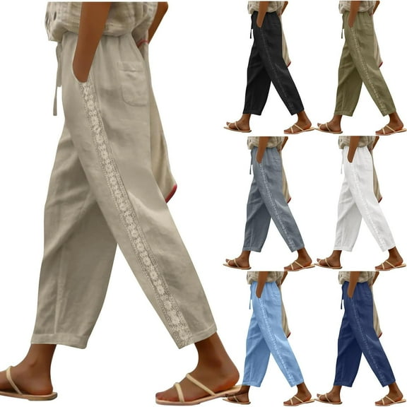 Kmdttou Womens Summer 3/4 Pants Flowy High Waisted Loose Casual Lounge Pant Casual Cotton Linen Drawstring Elastic Waist Long Wide Leg Pants
