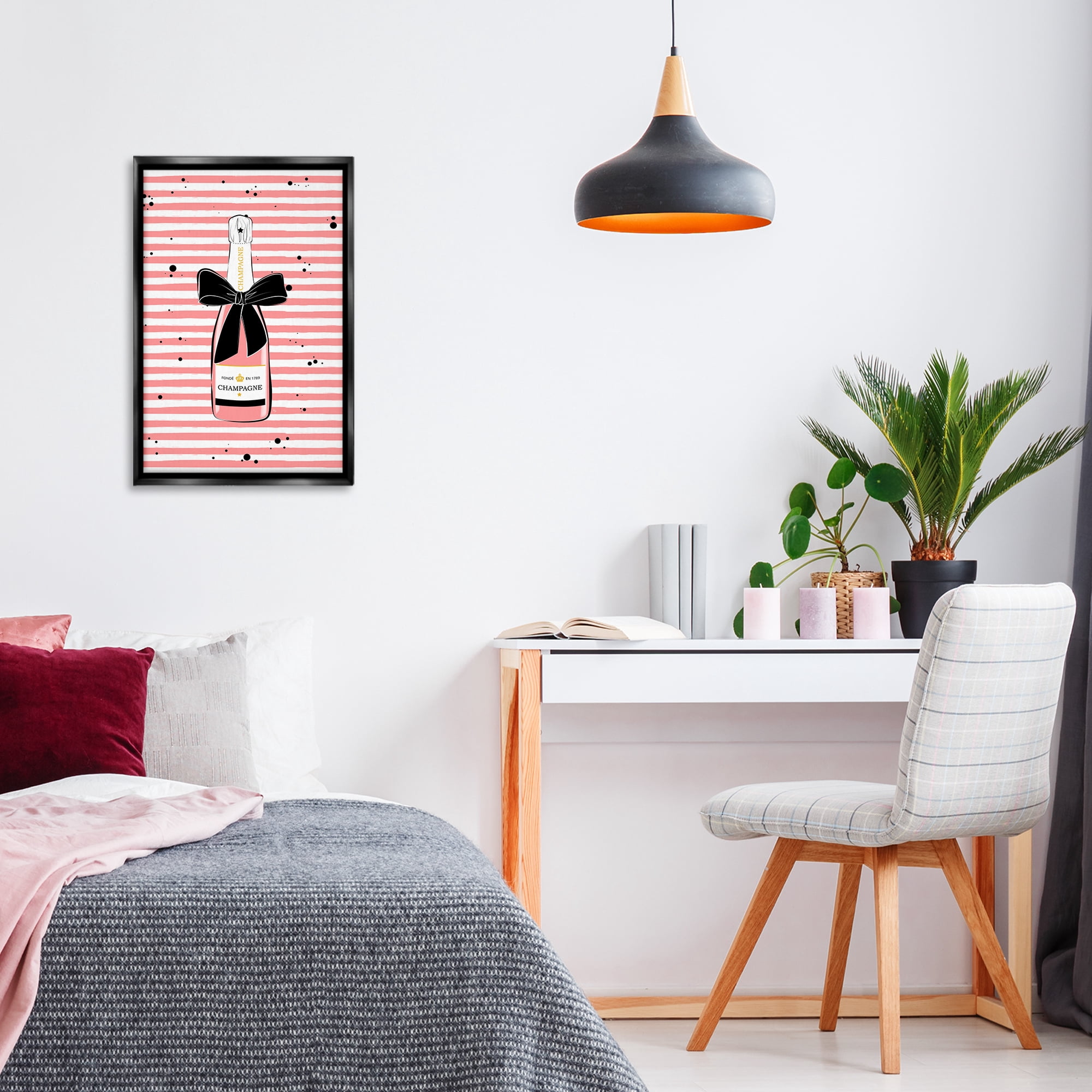 Stupell Industries Pink Champagne on Stripes Food & Beverage Painting Black Floater Framed Art Print Wall Art, 17 x 25
