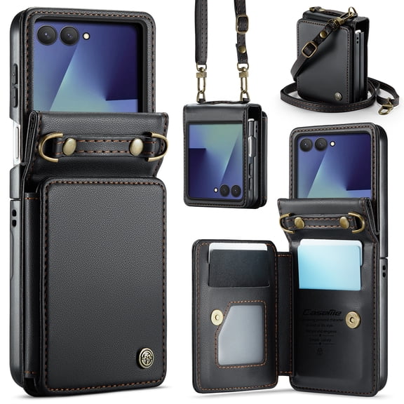 for Samsung Galaxy Z Flip 8 Case Wallet with Card Holder RFID Blocking Pen Holder, Strap Flip PU Leather Heavy Duty Shockproof Protective Magnetic Clasp Stand Slim Pocket Phone Cover, Black