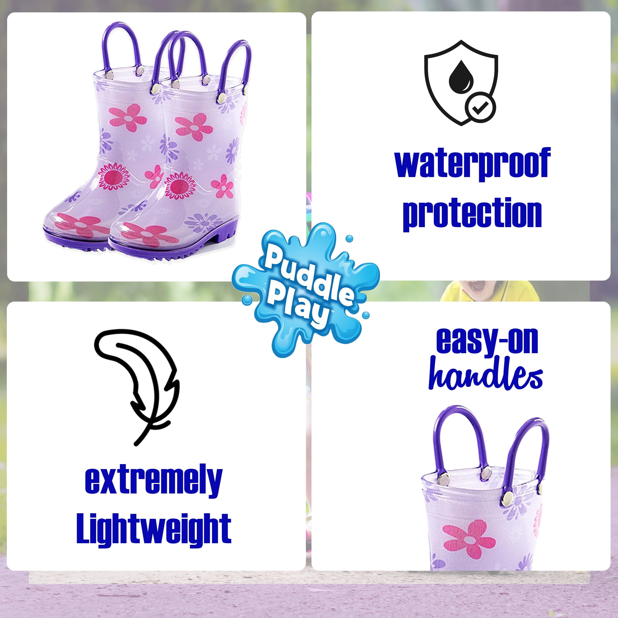 Puddle Play Children's Girls' Flower shapes Printed Waterproof Easy-On Rubber Rain Boots (Toddler/Little Kids)