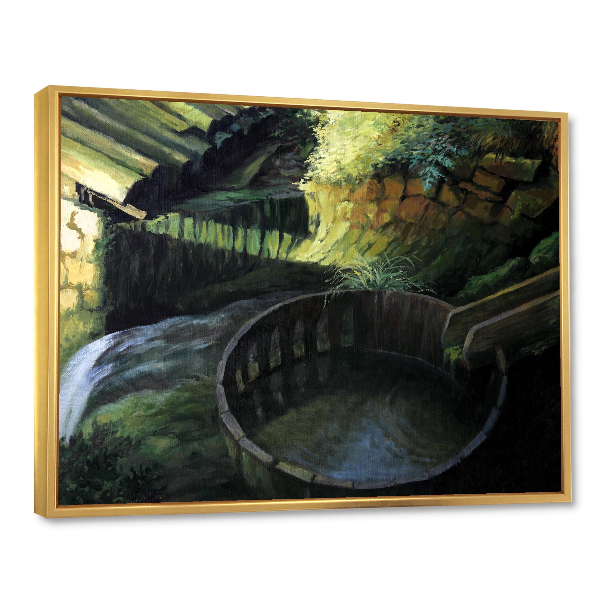 Designart 'Old Watermill In Green Nature Landscape' Lake House Framed Canvas Wall Art Print