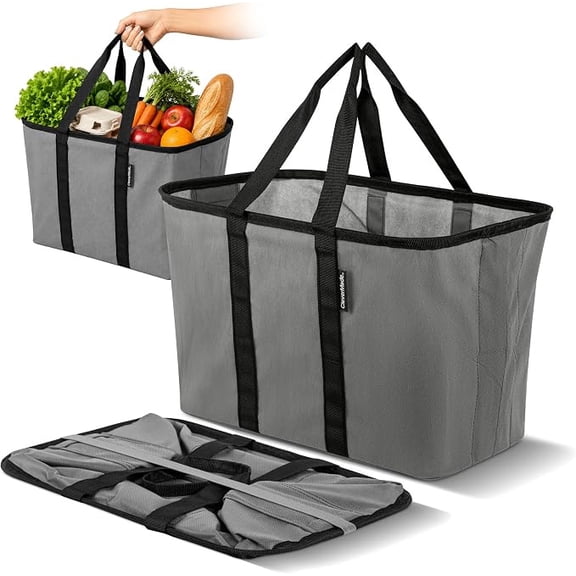 CleverMade Foldable Reusable Shopping Bag, 30L Collapsible EcoBasket Tote, Shadow Gray/Midnight Black