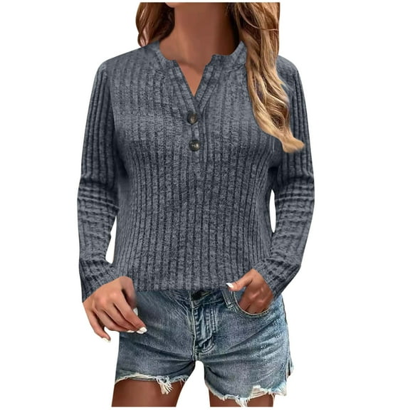 Sweaters for Women 2025 Fall Long Sleeve V Neck Ribbed Knit Pullover Tops Casual Button Down Basic Tee Shirts
