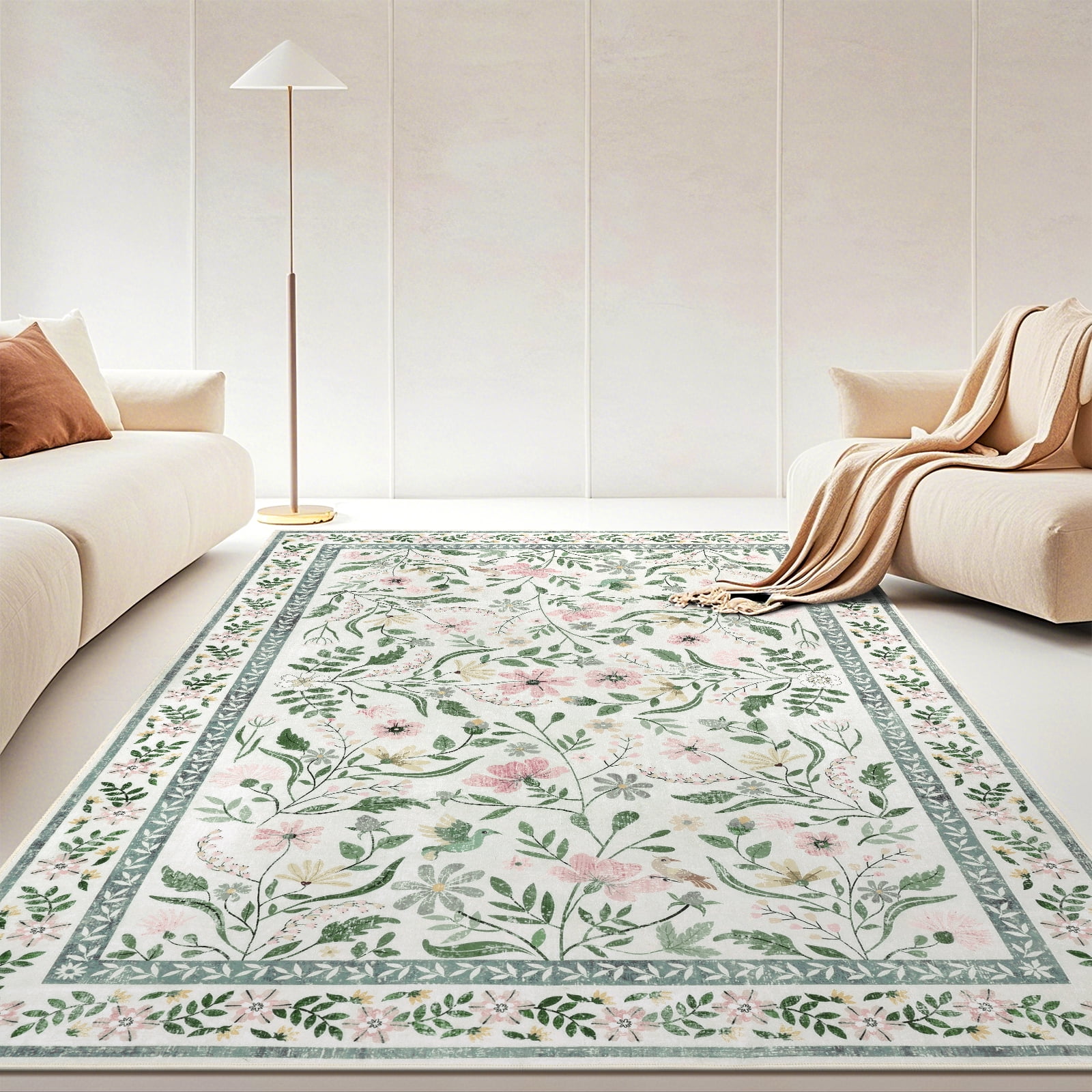 LOKHOM 9'x 12' Floral Washable Area Rugs for Living Room, Non Slip Low Pile Floor Carpet Soft Distressed Rug for Bedroom, Dining Room, Green