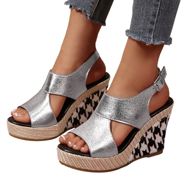 HEWUQI Wedge Sandals for Women Dressy Open Toe Ankle Strap Buckle Platform Pumps Comfortable Summer Houndstooth Dressy Shoes Silver Size 9