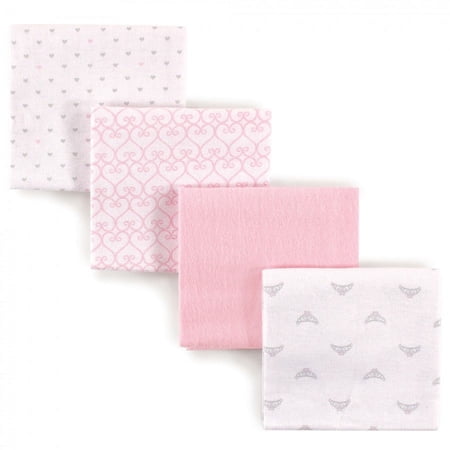 Luvable Friends Baby Girl Cotton Flannel Receiving Blankets, Tiara 4-Pack, One Size
