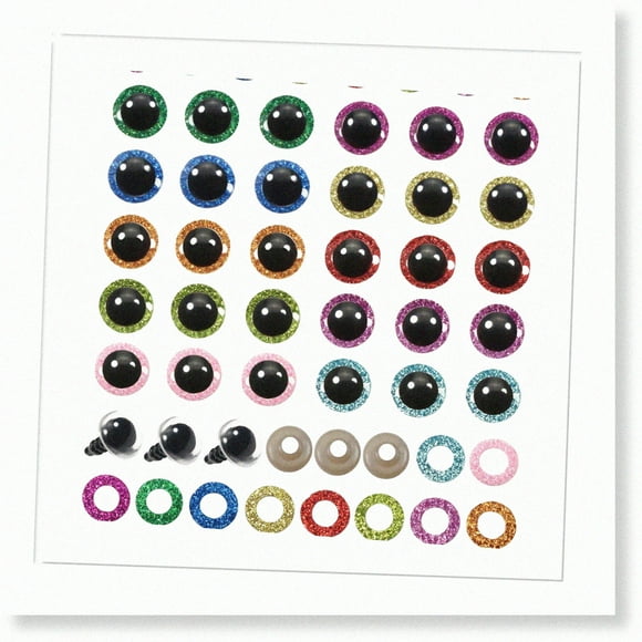 SparkleSafe Doll Eyes - 120pcs Glitter Plastic Safety Eyes for Stuffed Animals, Amigurumis, Bears, and Dolls Making - 16mm, 10 Colors, Half Round Crochet Eyes with Washers