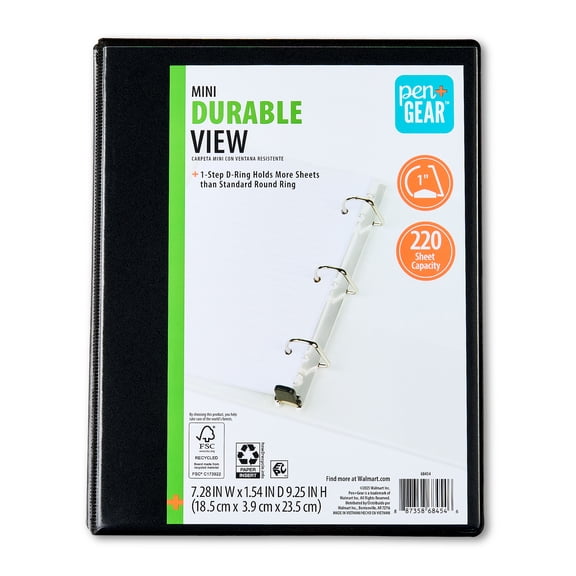 Pen+Gear 1" x 5-1/2" x 8-1/2" Mini Durable View Binder, Black