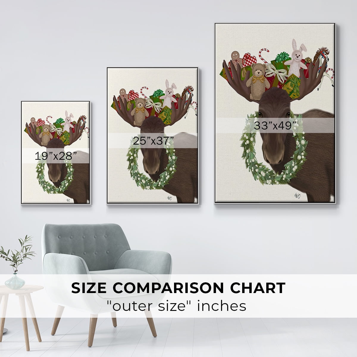 Christmas Moose and Christmas Gifts - Framed Gallery Wrapped Holiday Canvas - 25 x 37 - White Frame