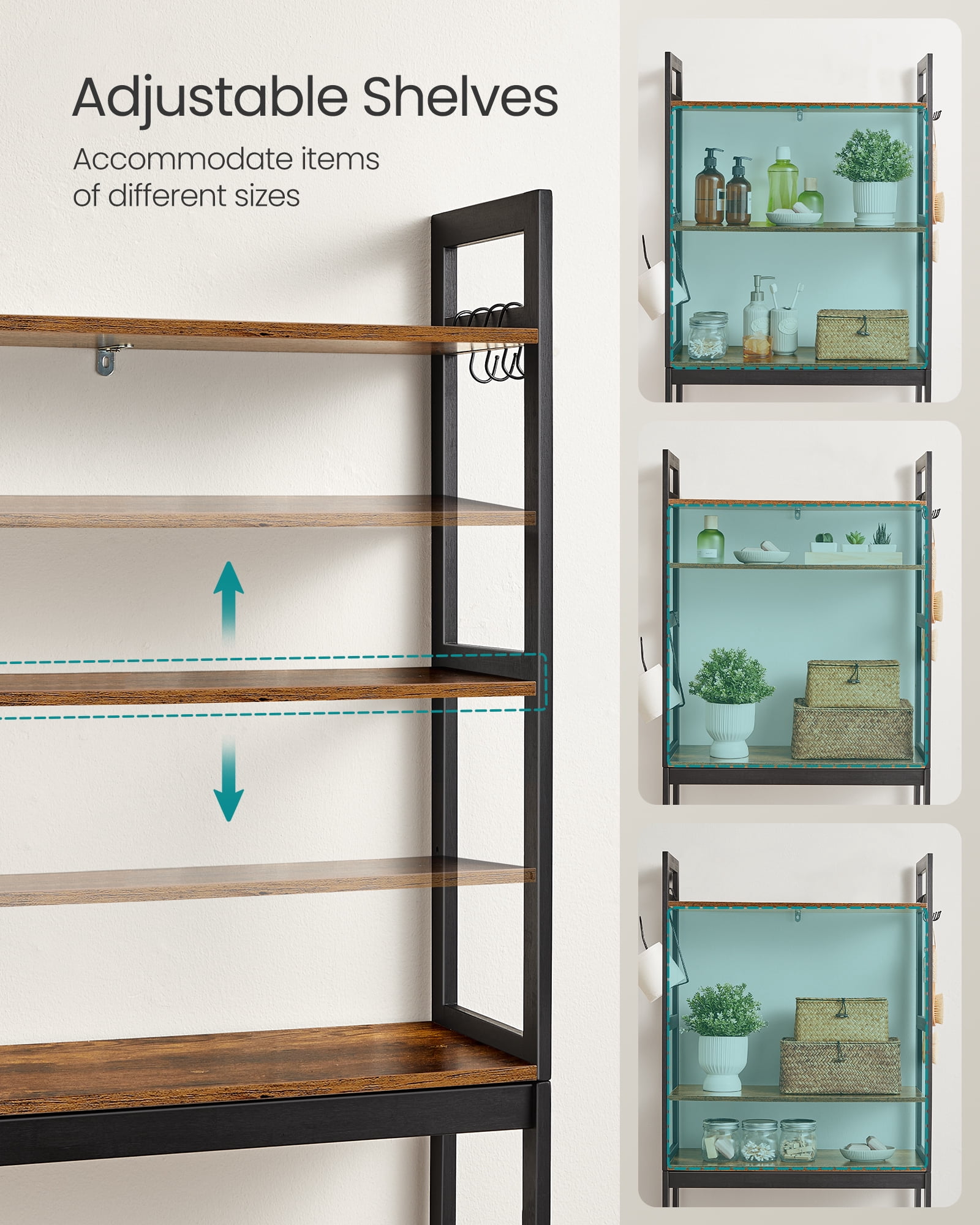 SONGMICS Over The Toilet Storage, 3-Tier Bathroom Organizer Over Toilet with Adjustable Shelves, Rustic Brown and Ink Black