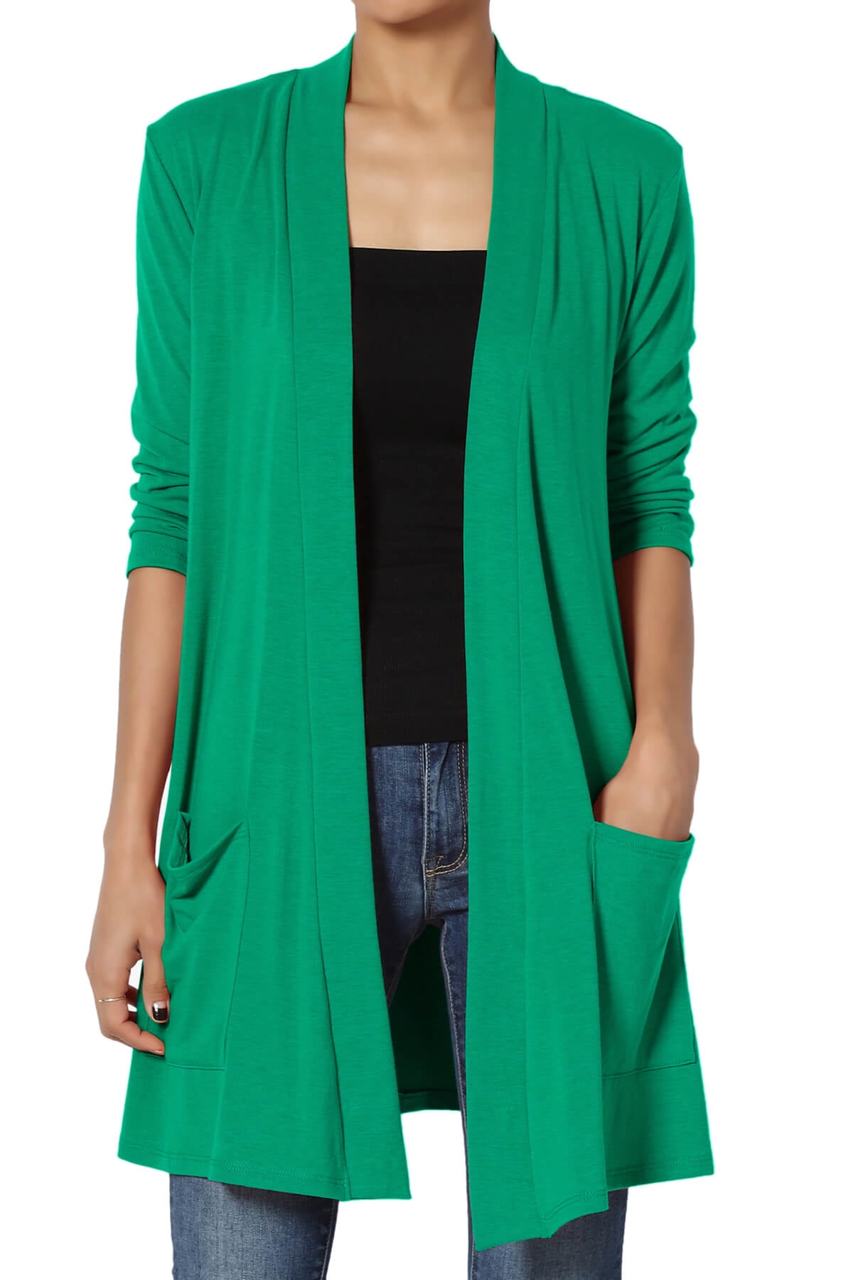 Women's S3X Casual 3/4 Sleeve Slouchy Pocket Jersey Knit Open Front