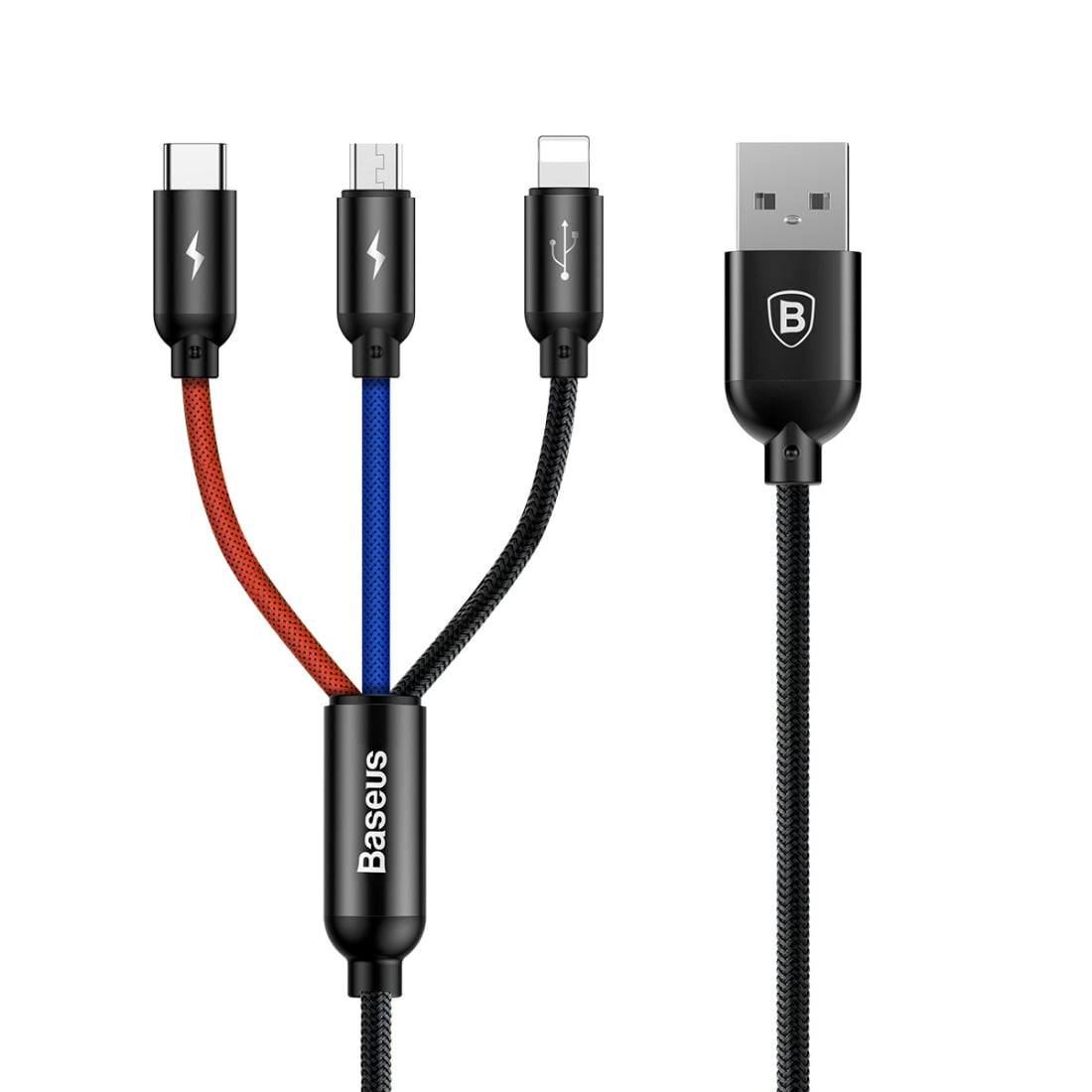 Baseus 3.5A Fast Charging Code Color Braided Cord 3 in Micro USB + Pin + Type-C Charging 30cm - Walmart.com