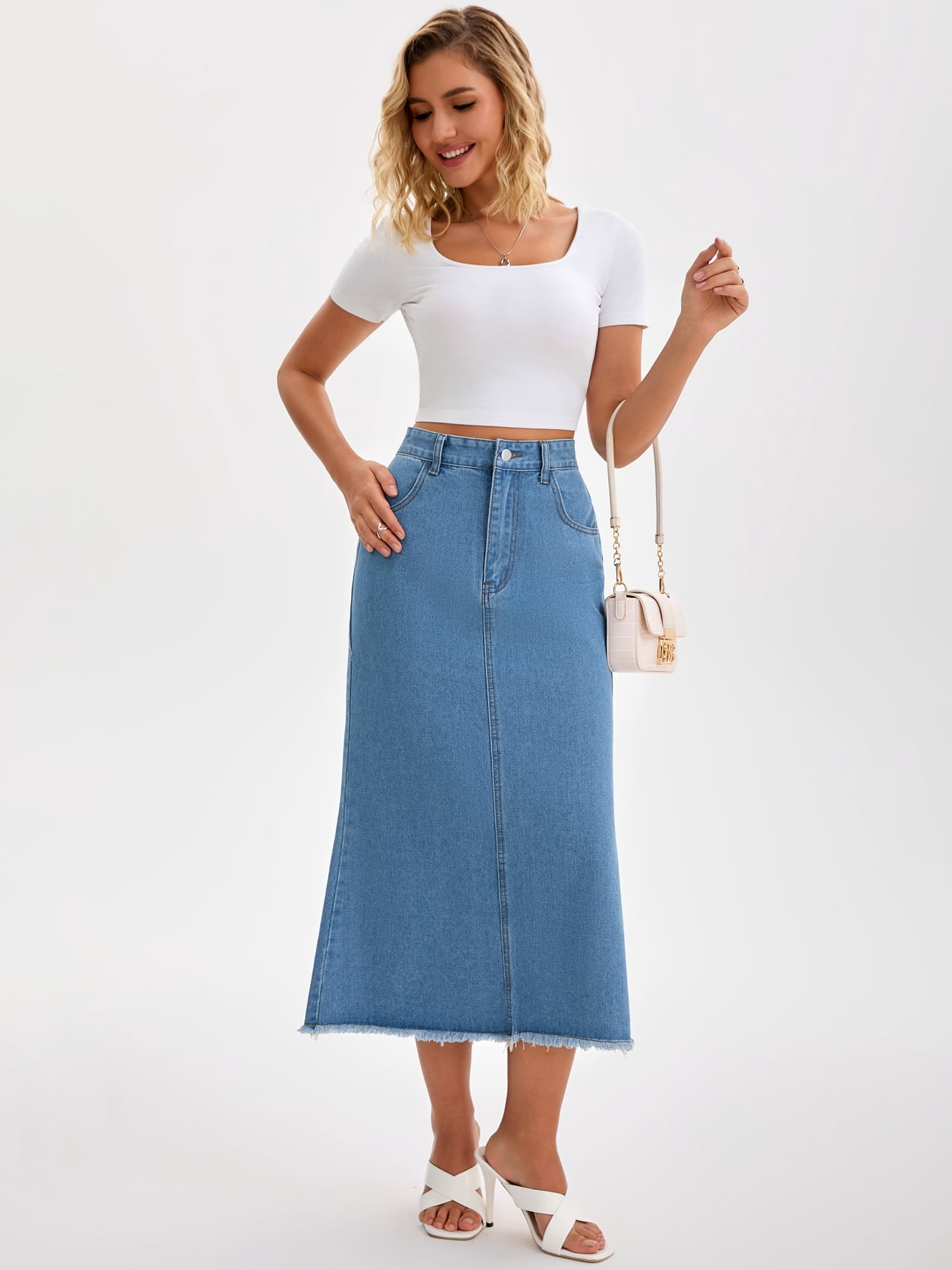 DARING DIVA Women's Denim Maxi A Line Raw Hem Jean Skirt X-Large Sky Blue