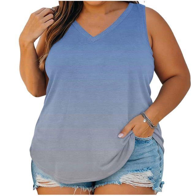 StSilkitty Plus Size Tank Tops for Womens Gradient Color Loose V Neck Blouses Summer Beach Lightweight Soft Shirts