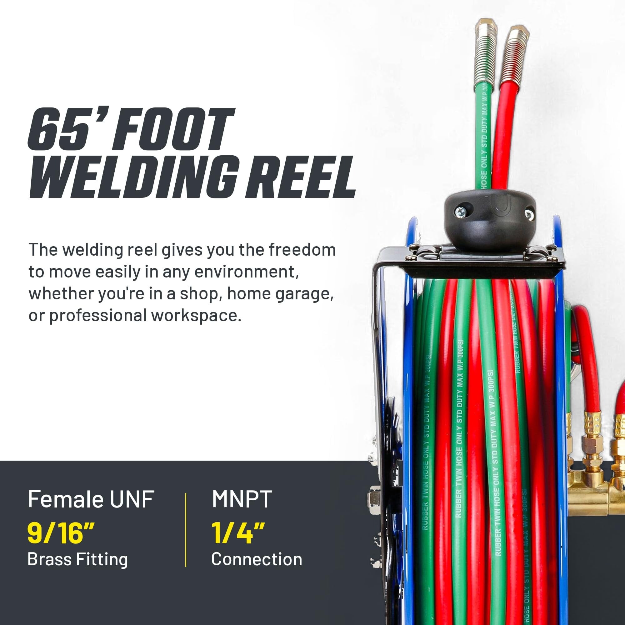 Goodyear Retractable Welding Hose Reel - 1/4" x 65' Twin Oxygen Acetylene Rubber Hoses, Heavy Duty Single Arm, 300 PSI Industrial Standard Dut