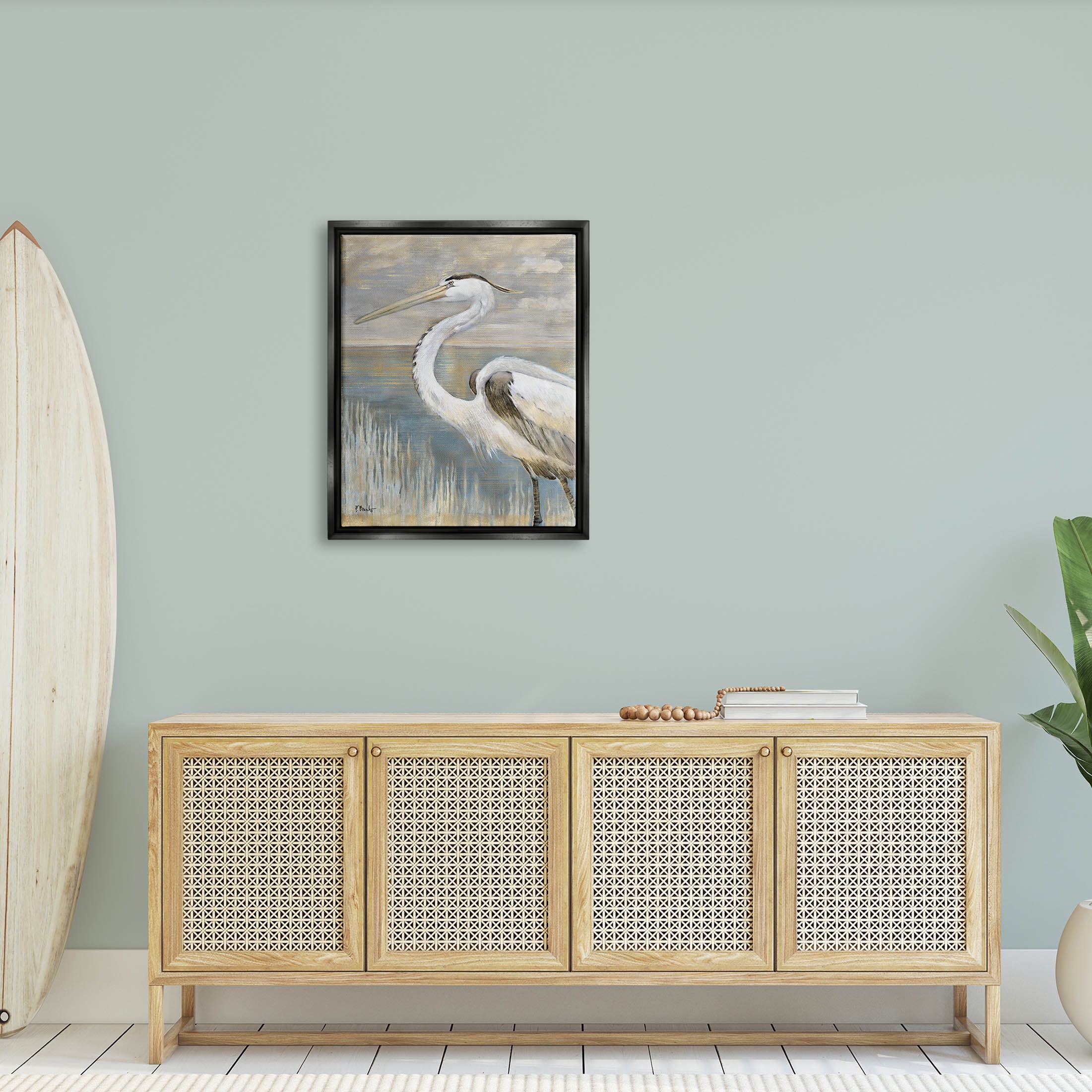 Stupell Industries Heron Bird Abstract Marshland Coast Painting Jet Black Floating Framed Canvas Print Wall Art, Design by Paul Brent