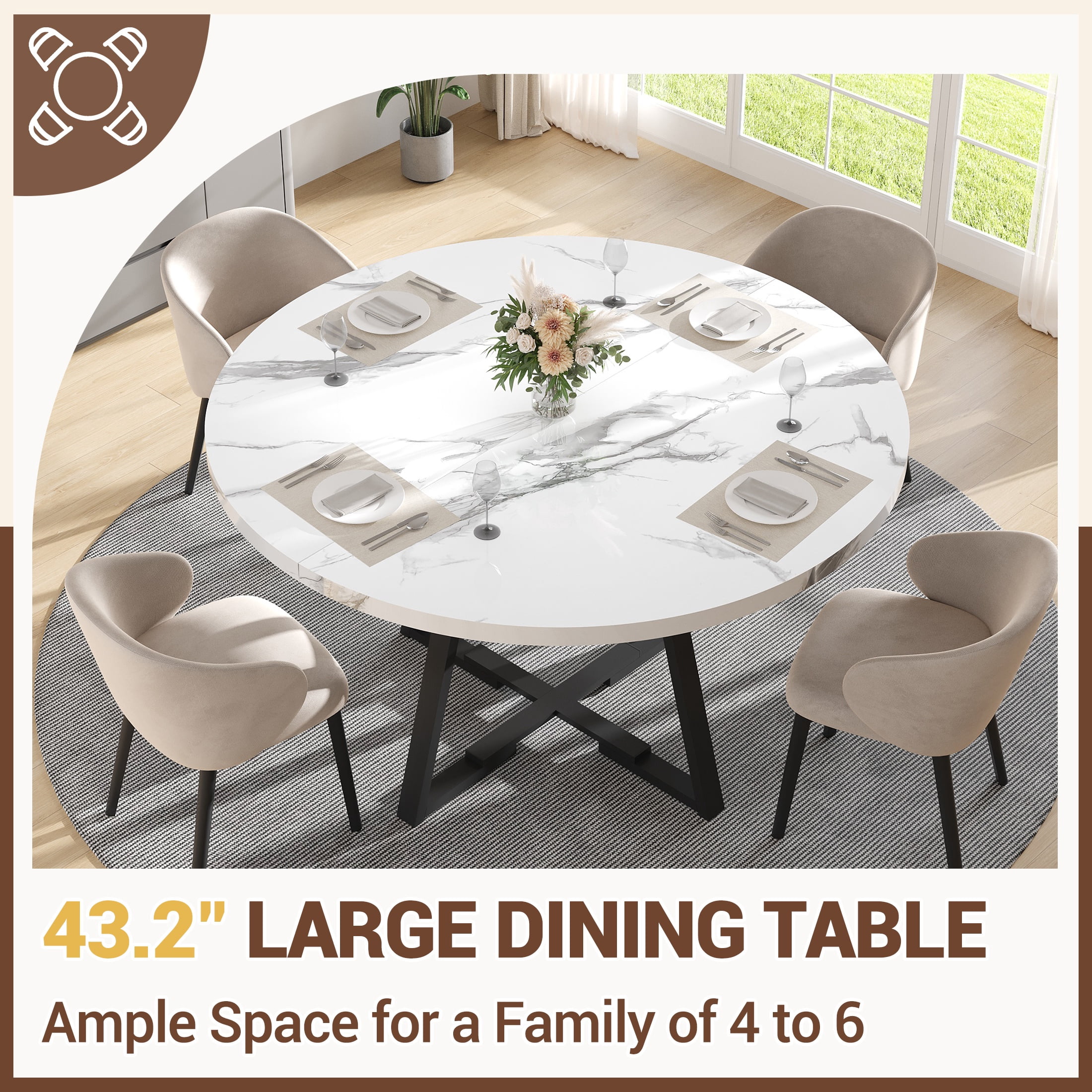 UHOMEPRO Round Kitchen Table for 4, Faux Marble Dining Table with Storage Shelf, Modern High Glossy Dining Room Table with Sturdy Cross-Shaped Base Support (Only Table), White