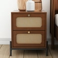 thumbnail image 3 of Euroco Rattan Wood Nightstand 2-Drawer Side Table for Bedroom, Living Room, Walnut, 3 of 7