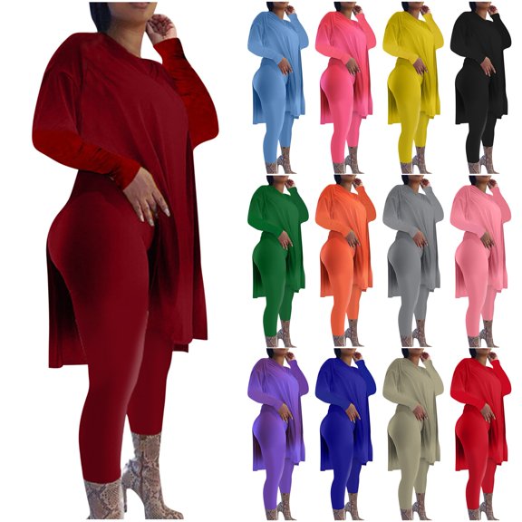 DDAPJ pyju Casual 2 Piece Outfits for Women 2025,Long Sleeve Side Slit Pullover Tops and Stretch Leggings Matching Sets Lightweight Tracksuit Solid Color Lounge Set