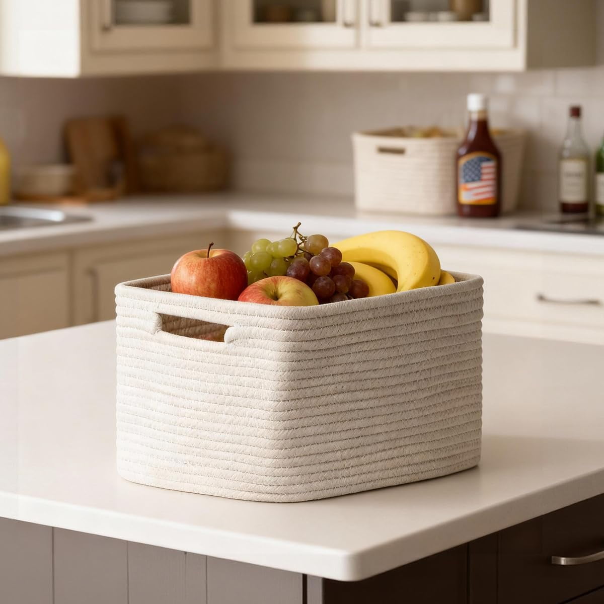 Woven Storage Baskets for Shelves, Decorative Basket Organizer Storage Bins for Toys, Books, Clothes, Closet, Nursery, Bathroom – Cotton Rope Shelf Baskets for Organizing, Khaki & White