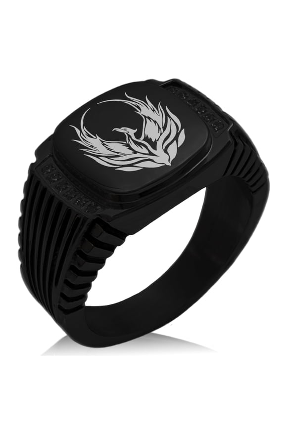 Stainless Steel Greek Mythology Phoenix CZ Ribbed Needle Stripe Pattern Biker Style Polished Ring