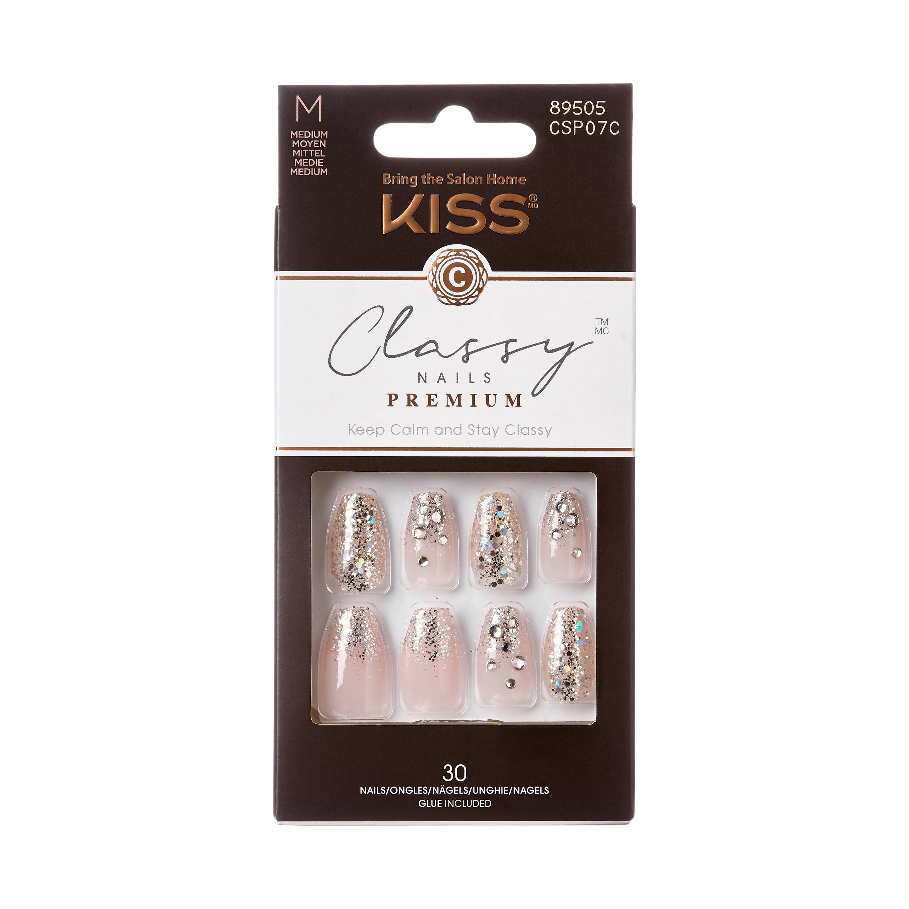 KISS Classy Premium Medium Coffin GlueOn Nails, Glossy Light White, 30