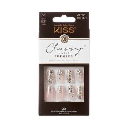 KISS Classy Premium Medium Coffin Glue-On Nails  Glossy Light White  30 pieces