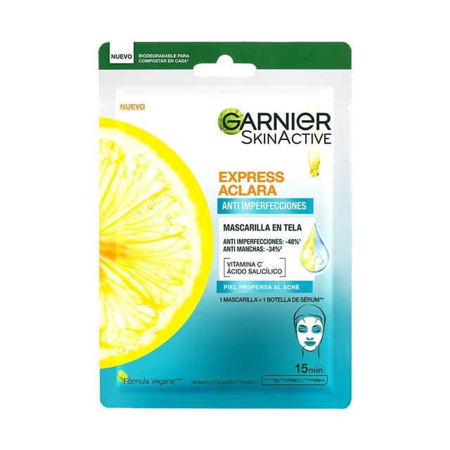 Mascarilla facial en tela Garnier Skin Active anti imperfecciones con ácido salicílico y vitamina c 23 g