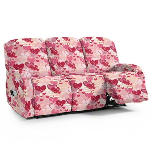 COEQINE Stretch Recliner Cover Universal 8 Pieces Recliner Sofa Cover Stay in Place 3 Seater Furniture Protector for Valentines Day Decor for Pets, Kids, Heart Stripes Pink Red