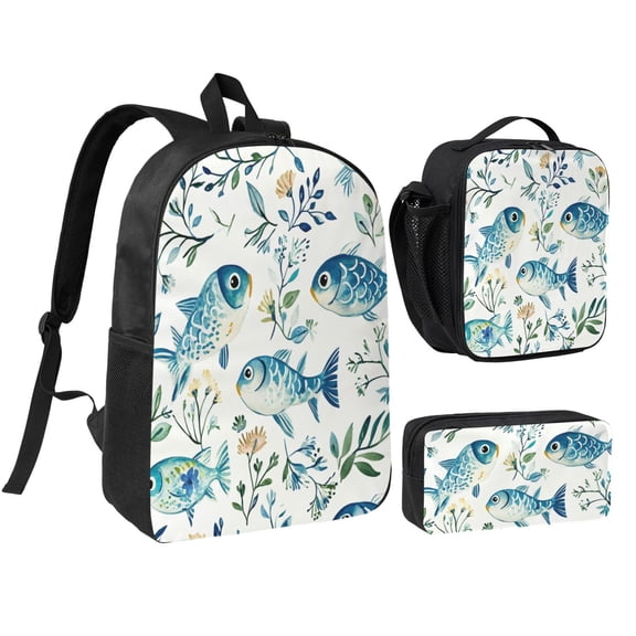 FishPattern Backpack 17 Inch Set with Lunch Bag and CaseDurableTravel Bag Combo for Work Commuting Daily Use