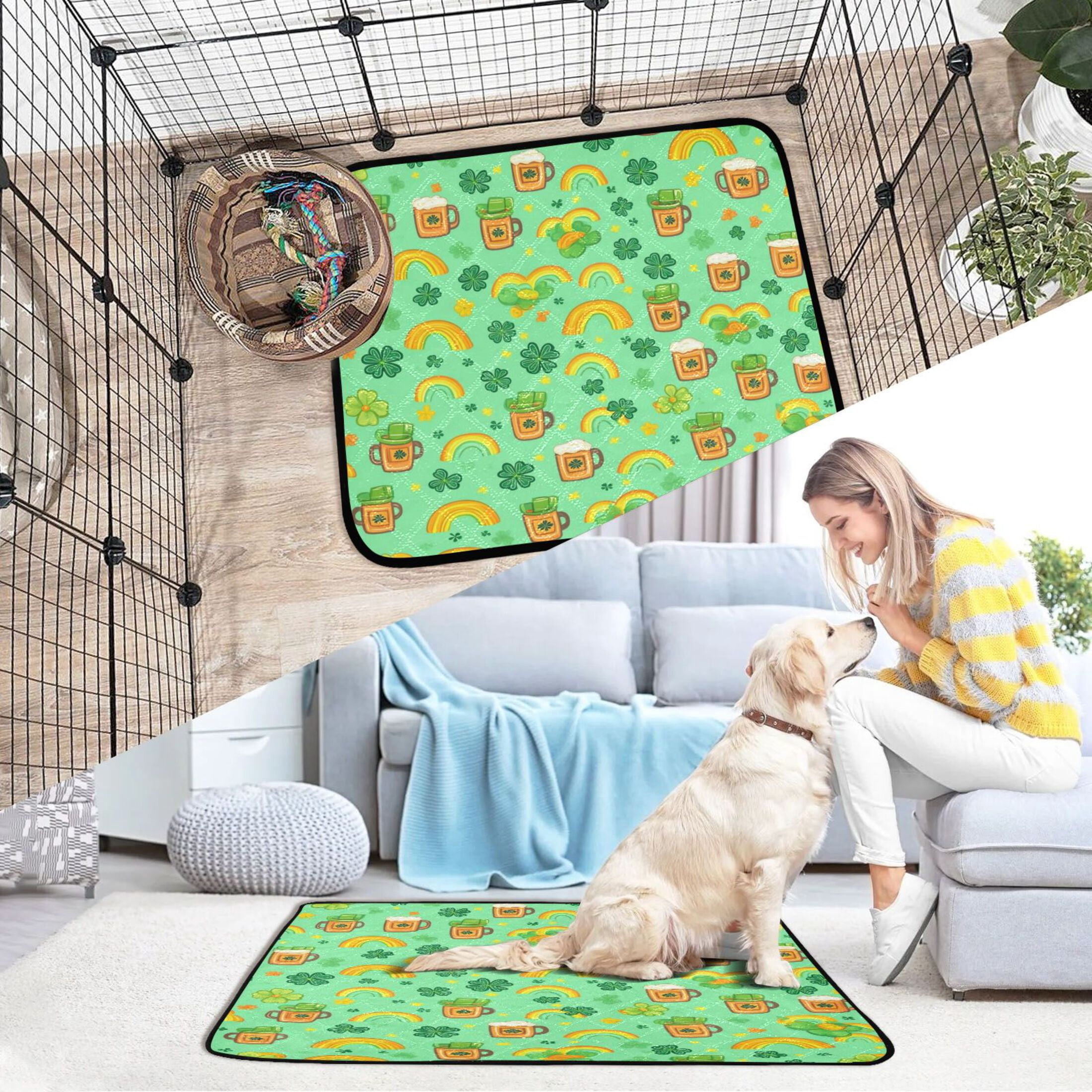 Qxltty Beer and Rainbows in A Cloverleaf Background Cat litter Pads Pet Set of 3 Diaper Mats Center Anti-leakage Layer Absorbent Soft and Comfortable