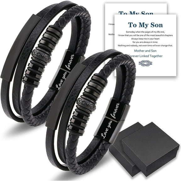 To My Son Bracelet, I Will Always Be With You" Braided Leather Bracelet, Stainless Steel Black Inspirational Wristband, Son Bracelet From Mom, Mens Leather Bracelets Braided