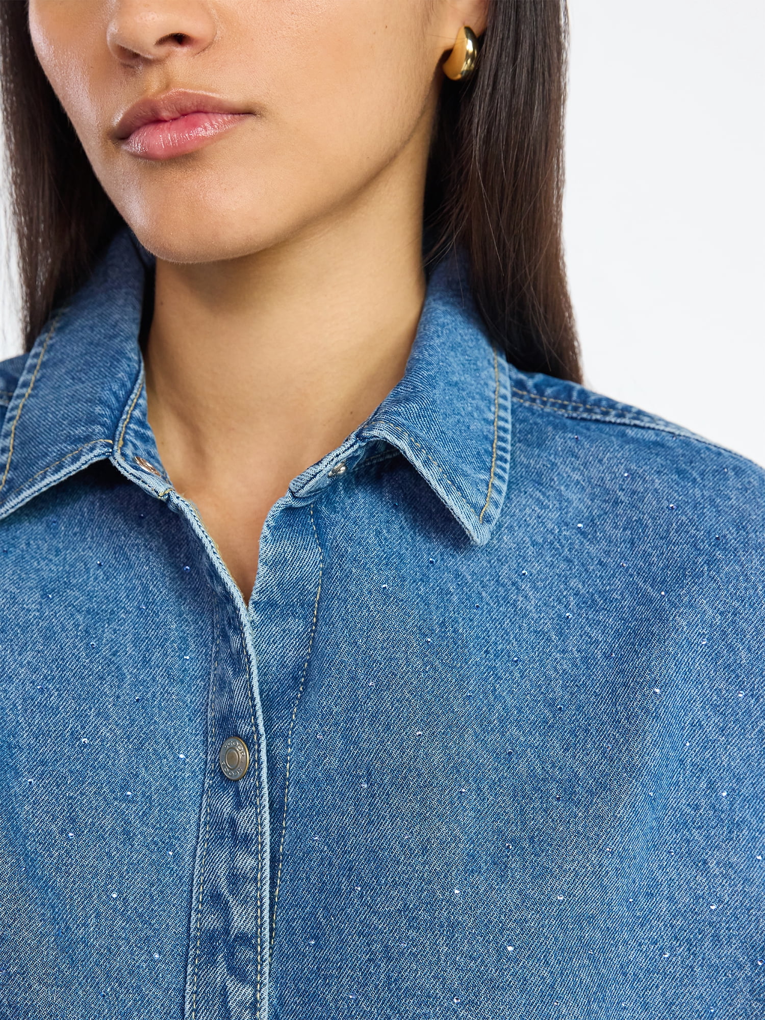 Scoop Women’s Rhinestone Embellished Cotton Denim Shirt with Long Sleeves, Sizes XS-4X
