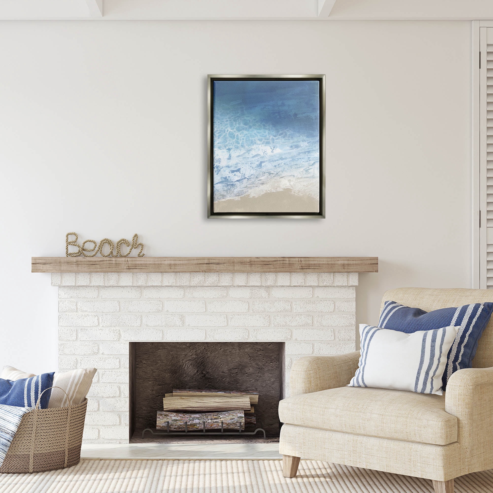 Stupell Industries Water Waves Blue Ocean Shore Coastal Painting Gray Floater Framed Art Print Wall Art